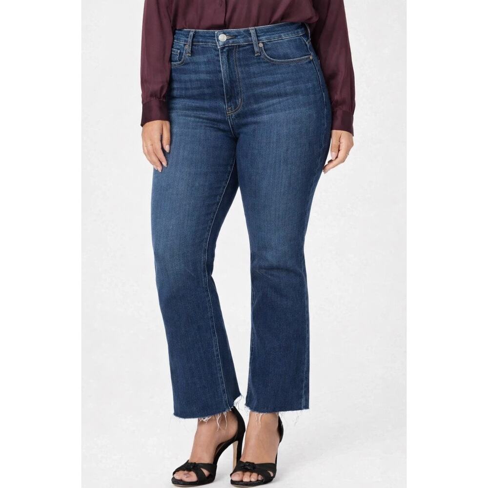 PAIGE Claudine Bootcut Jeans Size 32 Dark Wash Raw Hem Stretch Denim